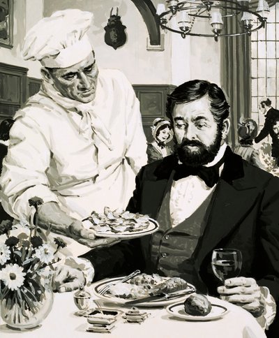 George Crum, a burgonya ropogós feltalálója bemutatja alkotását alkotó: English School