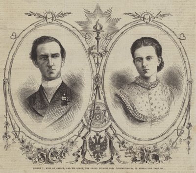 I. György görög király és királynője, Olga Konstantinovna orosz nagyhercegnő (metszet) alkotó: English School