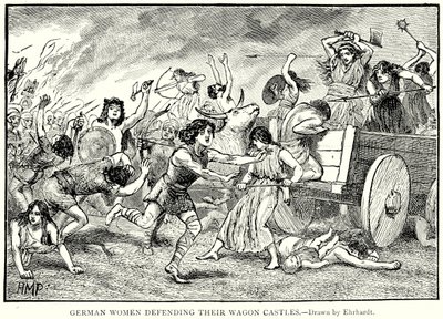 Német nők védik szekérvárukat (metszet) alkotó: English School