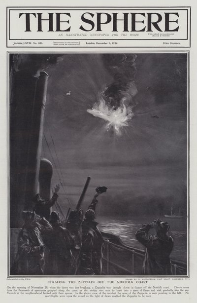 A német Zeppelin léghajót lángba borították Norfolk partjainál, I. világháború, 1916. november 28. (litho) alkotó: English School