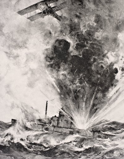 1915. augusztus 26-án bombázták és elsüllyesztették a német tengeralattjárót, a „The War Illustrated Album deLuxe” című kiadványból, amely 1916-ban jelent meg Londonban (litho) alkotó: English School