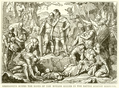 Germanicus eltemeti a Hermann elleni csatában elesett rómaiak csontjait alkotó: English School