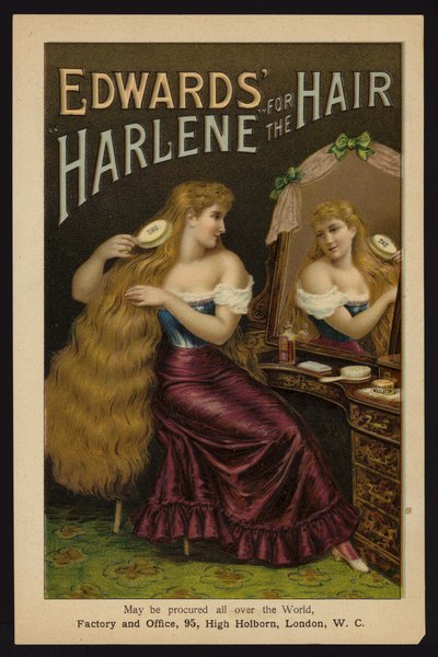 Lány keféli hosszú szőke haját; Edward Harlene a hajért (chromolitho) alkotó: English School