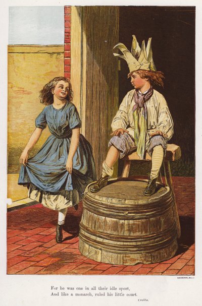 Lány bekacsint egy királyt játszó fiúra (színes metszet) alkotó: English School