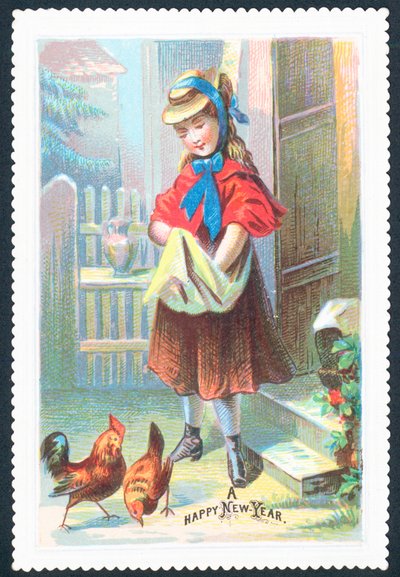 Lány etető csirkék, újévi kártya alkotó: English School