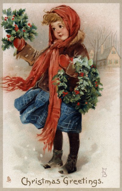 Lány magyal és karácsonyi koszorúkat árul (chromolitho) alkotó: English School
