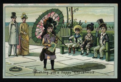 Lány egy nagy napernyővel séta a tengerparti sétányon, karácsonyi üdvözlőlap. (chromolitho) alkotó: English School