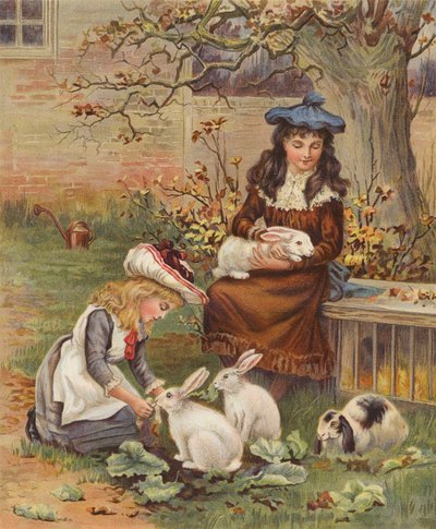 Lányok gondozzák házinyulaikat (chromolitho) alkotó: English School