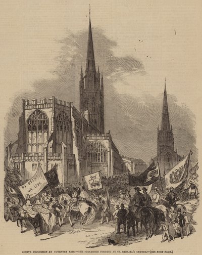 Godiva-menet a Coventry Fair-en, a menet a Szent Mihály-templomnál alakul ki (metszet) alkotó: English School