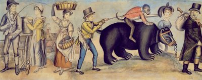Megy a vásárra, részlet egy fellépő medvéről és majomról, 1815 körül alkotó: English School