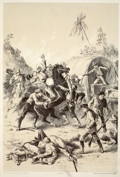 A Bush Rangers által megtámadt aranykíséret, David Blair, McGrady, Thomson és Niven The History of Australasia című művéből, 1879 alkotó: English School