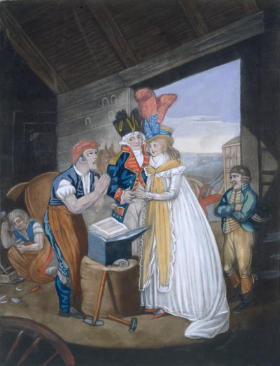 Gretna Green, Or the Red-Hot Marriage, kocsma. Írta: Aurrie és Whittle, 1794 88: Ó! Blacksmith úr, enyhítse fájdalmainkat – és kössön minket a Wedlocks Chains 99:female; népviselet; tra alkotó: English School