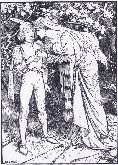 Guenevere elküldi oldalát Lancelotnak segítségért, a Longmans Green and Co által kiadott „The Book of Romance” illusztrációval. alkotó: English School
