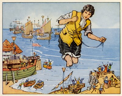 Gulliver utazásai: Blefuscunál elfogja a flottát (színes litográfia). alkotó: English School