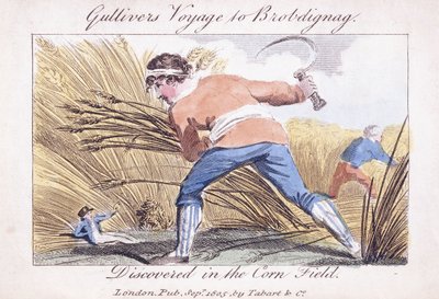 Gulliver utazása Brobdingnagba, felfedezték a kukoricatáblán, 1805 alkotó: English School