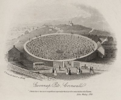 Gwennap Pit, Cornwall, ahol John Wesley számos alkalommal prédikált 1762 és 1789 között (metszet) alkotó: English School