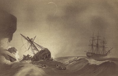 HMS Impetueux, Thomas Byam Martin kapitány parancsnoka, a HMS Venerable legénységének megmentése, J Hunter kapitány parancsnoksága alatt, tönkrement Torbayben, Devonban, 1804. november 24-én (litho) alkotó: English School