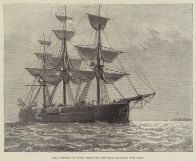 HMS Triumph, amelyen a késői végzetes robbanás történt (metszet) alkotó: English School
