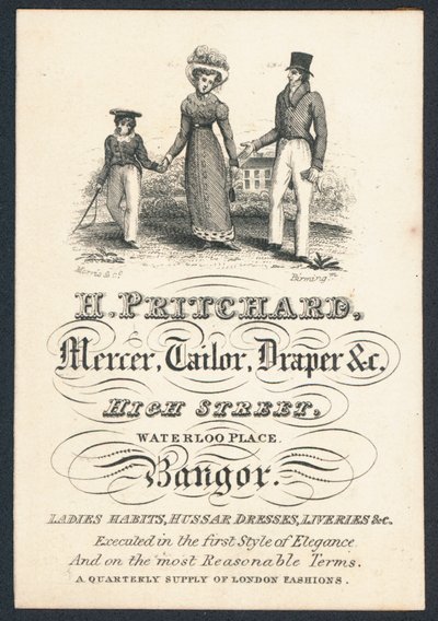 H Pritchard, kereskedő, szabó és drapéria, kereskedelmi kártya alkotó: English School