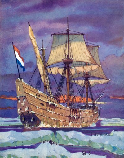 Halve Maen, vagy Half Moon, Henry Hudson (színes litho) alkotó: English School
