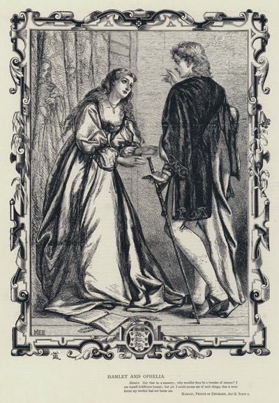 Hamlet és Ophelia, Hamlet, Dánia hercege, III. felvonás, 1. jelenet (metszet) alkotó: English School