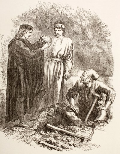 Hamlet Yorick koponyáját tartja, az V. felvonás illusztrációja, a Hamlet I. jelenete a „The Illustrated Library Shakespeare”-ből, 1890 Londonban. alkotó: English School