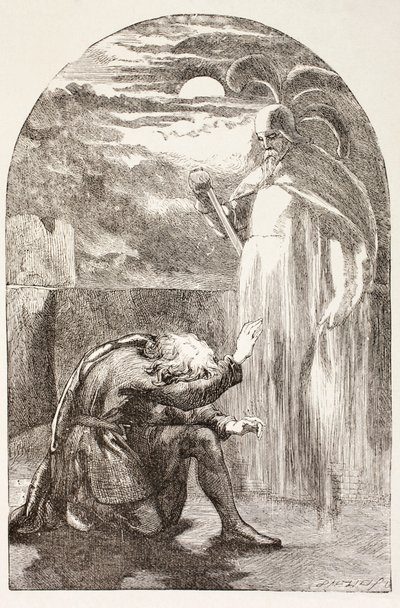 Hamlet látja a szellemet, apja szellemét a „The Illustrated Library Shakespeare”-ből, amely 1890-ben jelent meg Londonban alkotó: English School
