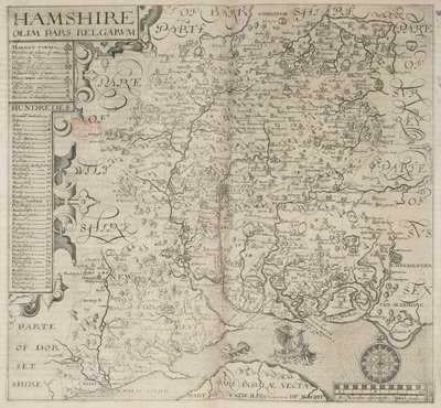 Hampshire, korábban a belgák része. J. Norden leírta W. Hole sculp., Camden "Britannia" című művéből. 6. kiadás. fol. 187 (metszet) alkotó: English School