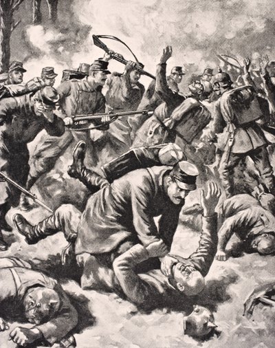 Kézi harc német és nyugati katonák között, a „The War Illustrated deLuxe” című filmből, amely Londonban jelent meg, 1916 alkotó: English School