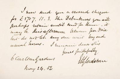 William Eward Gladstone kézírása és aláírása, 1852 alkotó: English School