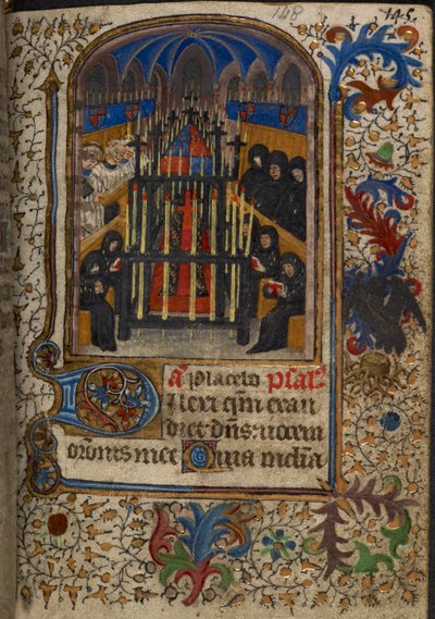 Harley 1251, fol.148 Temetési szertartás John, Bedford hercegének karjaival letakart koporsóval, Eleanor Worcester óráiból, 1430-40 körül (vellum) alkotó: English School
