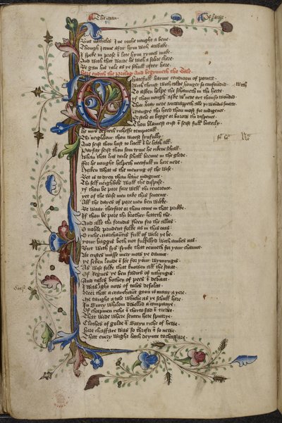 Harley 1758, f.56v Bar szegély és kezdőbetű „O” (gyűlöletteljes) a Man of Law