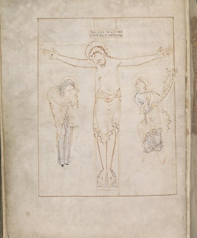 Harley 2904, f.3v, A keresztre feszítés; a Szűzanyával és Szent Jánossal, aki egy tekercsbe írja tanúságtételét, a Ramsey Zsoltárból, 900-1000 körül (vellum) alkotó: English School
