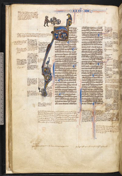 Harley 3487, f.22v Történeti „S” kezdőbetűvel, egy férfival, aki könyvet olvas és az ég felé mutat, a margón pedig egy férfi, aki egy meztelen férfit tol a kocsin, egy madárral, egy férfi baltával és egy sárkány és emberi fej betűformában, a bú elején alkotó: English School