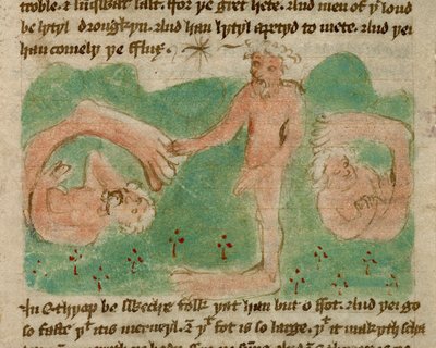 Harley 3954, f.31, Színes rajz, amely Etiópia mitikus embereit ábrázolja, akik csak egy lábbal (kajalábúval) születtek, hogy megvédjék őket a naptól, a „Sir John Mandeville utazásai” (pergamen) című könyvből. alkotó: English School