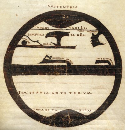 Harley MS 2772 f. 70v, Diagrammatic Zonal World Map, c.1050 (tinta és tempera pergamenen) alkotó: English School