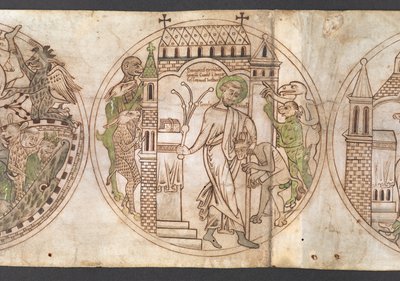 Harley Roll Y 6, Roundel 9, Roundel of St Guthlac ("Guthlacus" felirattal) megkorbácsolja a vadállati démonokat, akik megszállták a házát. a „Guthlac életéből” (a alkotó: English School
