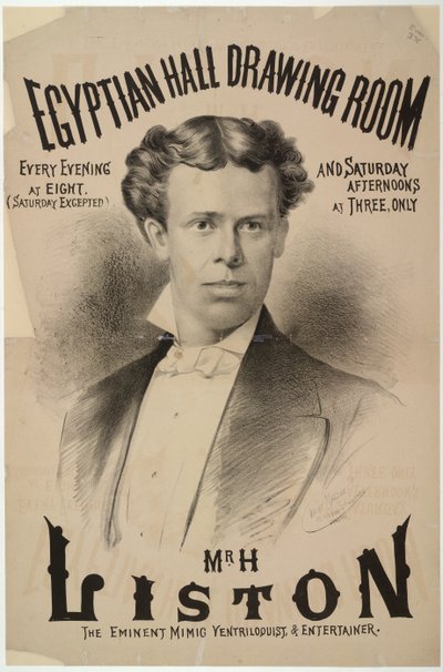 Harry Liston, a hasbeszélő és szórakoztató, aki 1878-ban jelent meg az Egyptian Hallban (litho) alkotó: English School
