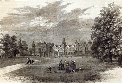 Hatfield House, Salisbury márki székhelye, a „The Illustrated London News”-ból, 1874. július 11. (metszet) alkotó: English School