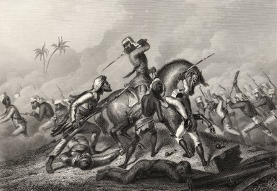 Havelockok oszlopának támadása a lázadók ellen Cawnpore előtt, az 1858-ban kiadott "Az indiai lázadás története" című könyvből. alkotó: English School