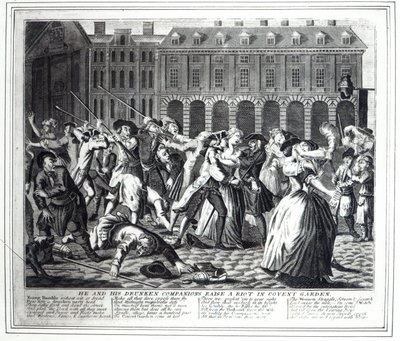 Ő és részeg társai lázadást keltenek Covent Gardenben, egy kalózsorozatból, amely Hogarth „A Rake