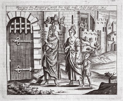 Henricus császár feleségével és gyermekével várakozva, mezítláb és mezítláb, három nap és három éjszaka Canusuam kapujában, illusztrációja John Foxe Cselekedetei és emlékművéből, kilencedik kiadás, alkotó: English School