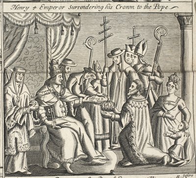 4. Henrik császár átadja koronáját a pápának, illusztráció: John Foxe: Cselekedetek és emlékművek, kilencedik kiadás, pub. 1684 alkotó: English School