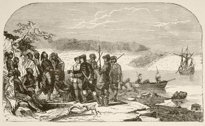Henry Hudson italt kínál az indiánoknak 1609-ben (litho) alkotó: English School