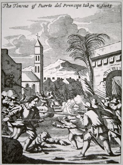 Henry Morgan elfoglalja és kifosztja Puerto de Principe városát, 1668-ban, John Esquemeling 1699-ben megjelent „Amerika buccaneersei” illusztrációja (metszet) alkotó: English School