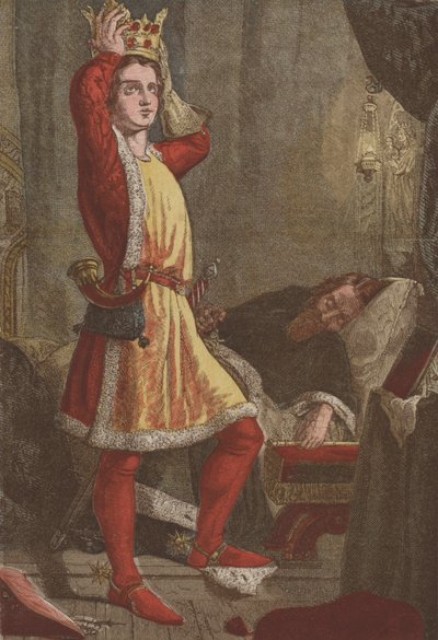 Henrik, walesi herceg, a leendő V. Henrik király, aki felpróbálja apja koronáját (chromolitho) alkotó: English School