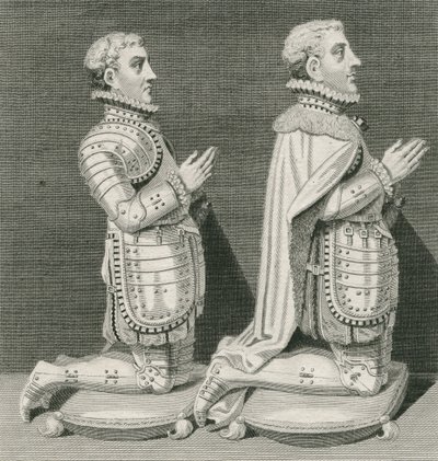Henry Stuart, Lord Darnley és testvére, Charles Stuart, Lennox grófja anyjuk sírja előtt térdel a westminsteri apátságban, vésette Andrew Birrell, 1796 alkotó: English School