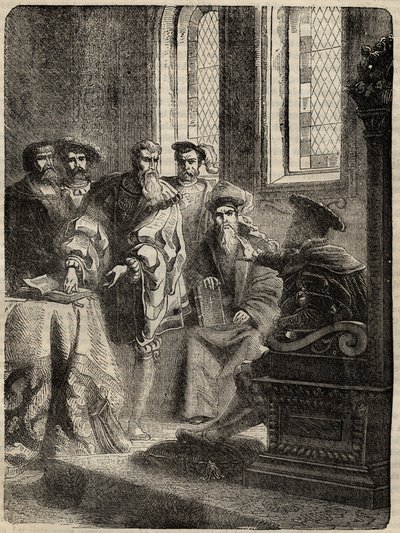 Henrik VIII. és tanácsa, amely elrendelte a Biblia angolra fordítását - 1538 -, Cassell Petter & Galpin „Anglia története” című metszete alkotó: English School