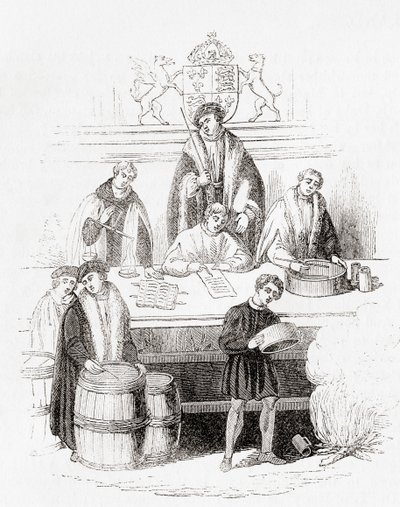 VII. Henrik súlyok és mértékek tárgyalása a kincstárnál 1497-ben, Ó-Angliából: Képi Múzeum, kocsma. 1847 alkotó: English School