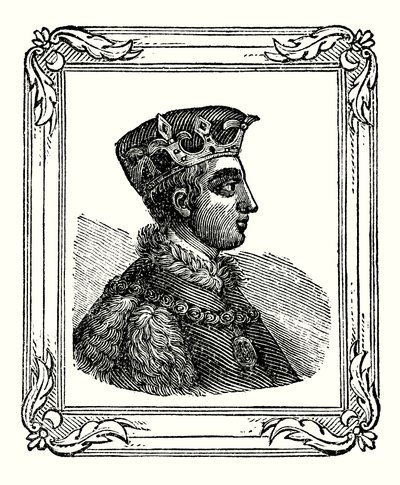 V. Henrik 1388-ban született, 1413-ban koronázták meg és 1422-ben halt meg (metszet) alkotó: English School